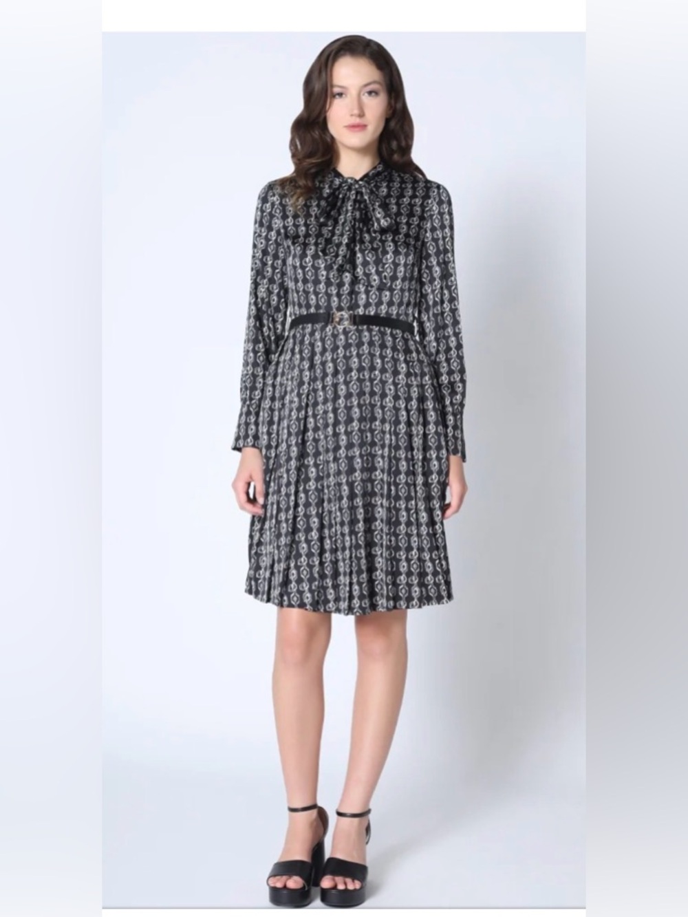 GRACIA Black & Silver White Bow Neck Pleated Dress long sleeve knee length NEW